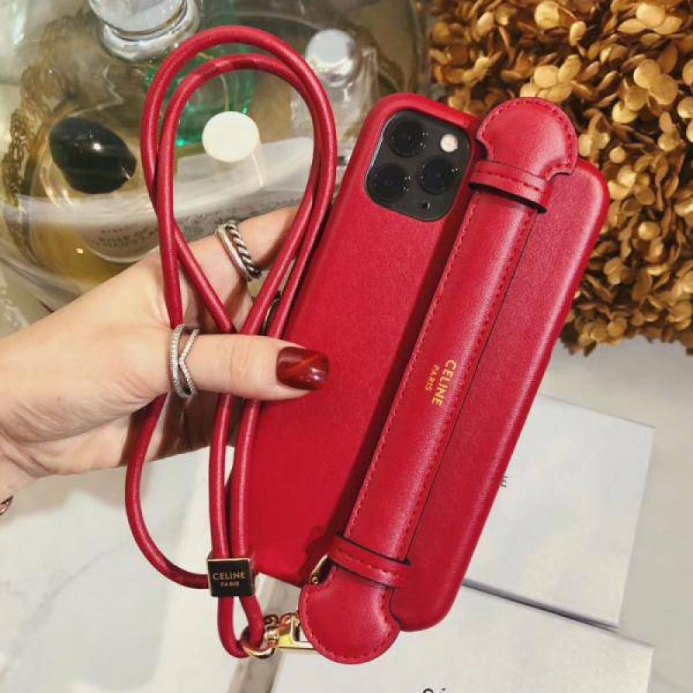 Celine iPhone 13 / 13 pro max / 12 / 12 pro case Red for women CELINE iPhone 11 Pro cover Crossbody leather long strap