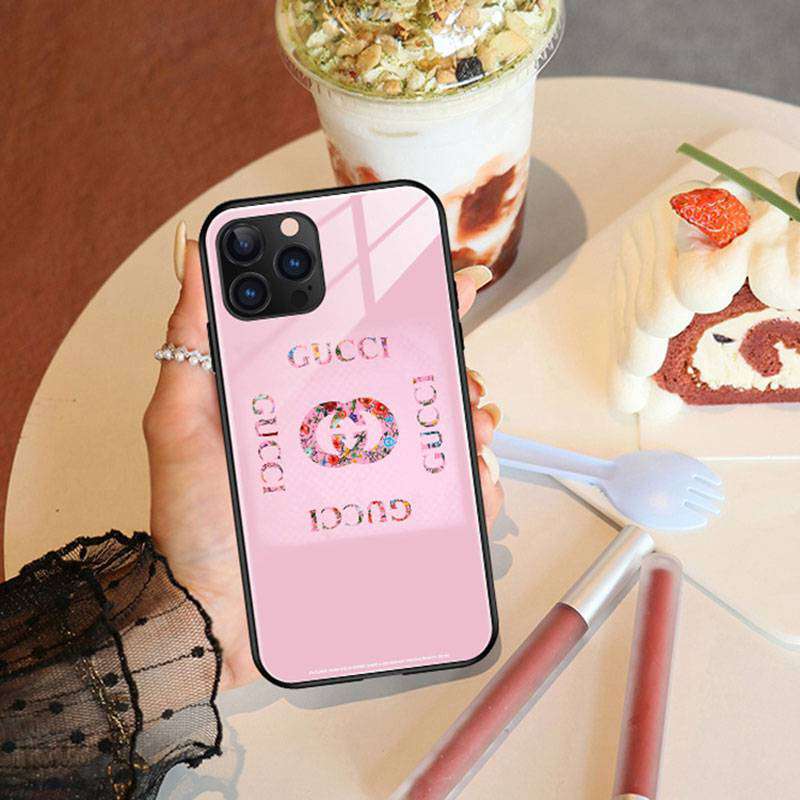 Fashionable Gucci iphone 13 pro / 13 Case Glass iPhone 13pro max Cover Gucci Perfume Flower iphone 12 / 12pro Case Pink